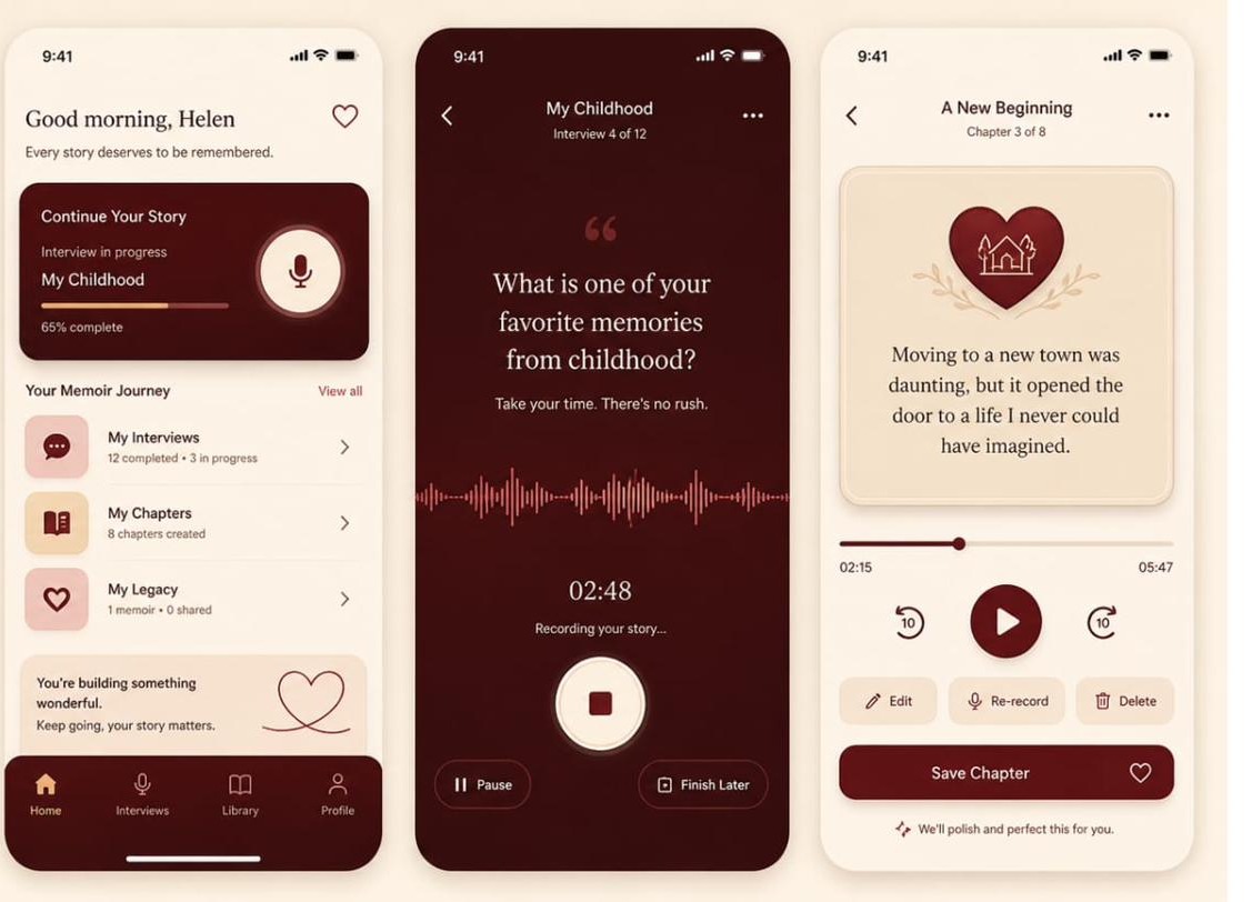 Three Memoir app screens: a warm dashboard greeting Helen by name, an active recording session asking about her favorite childhood memory, and a finished chapter called 'A New Beginning' ready to be reviewed.