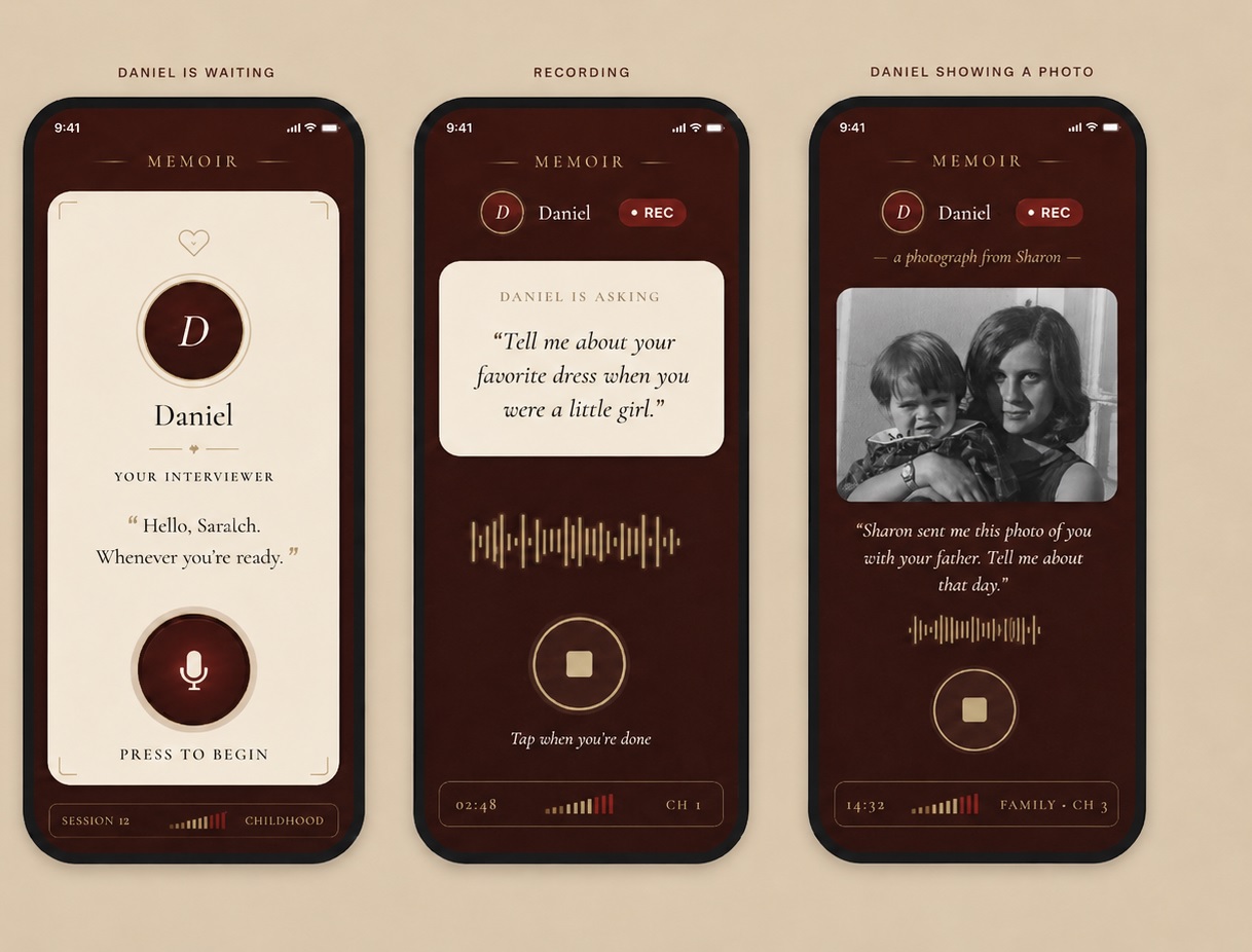 Three Memoir app screens: Daniel the interviewer waiting to begin, an active recording asking about a favorite childhood dress, and Daniel sharing an old family photograph mid-conversation.