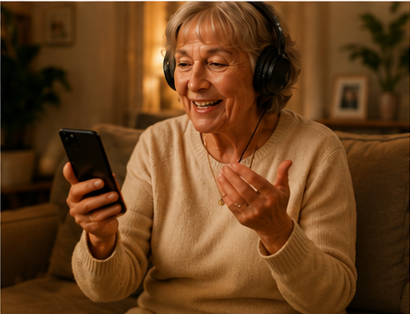 An older woman speaking into the phone, wearing headphones, telling her story.