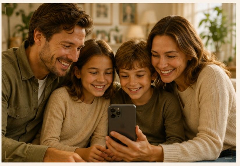 A family listening together to a loved one’s story on a phone