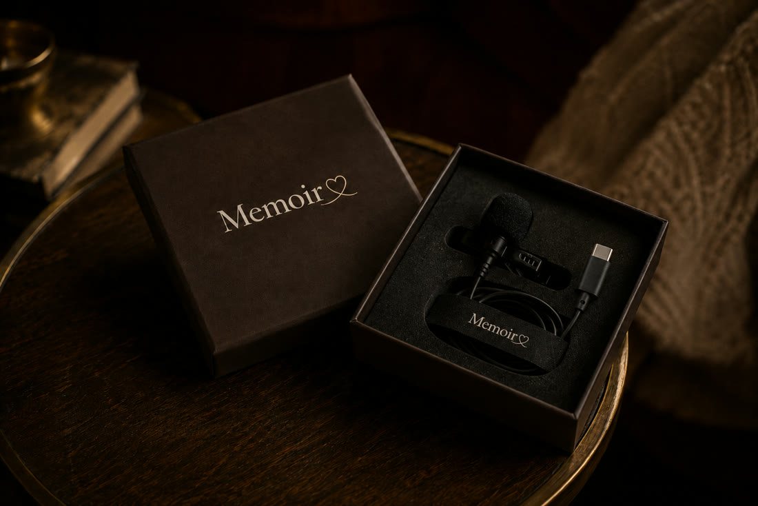 A Memoir microphone in its branded keepsake box